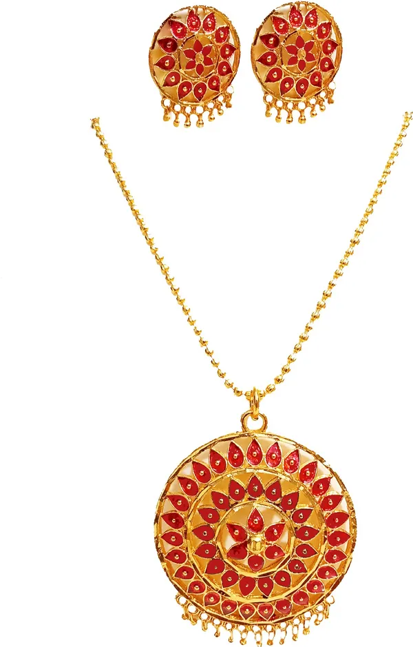Assamese_Traditional_Gold_Plated_Red_Colour_Japi_Chain_Jewellery_Set_For_Women